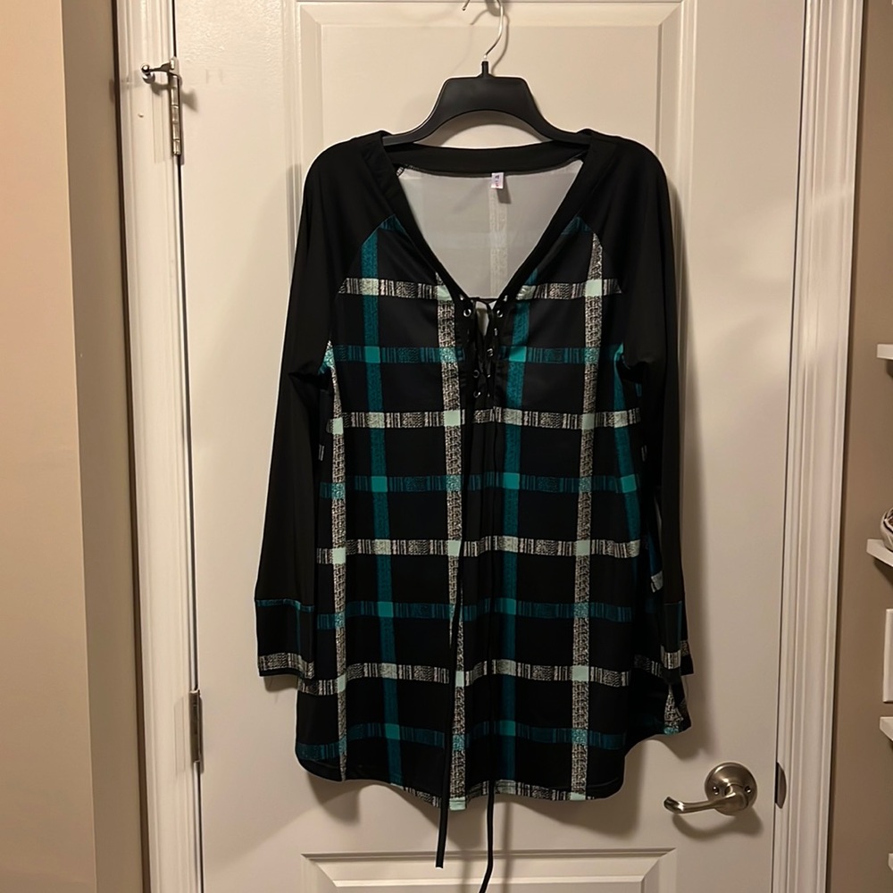 Lace Up Plunge Plaid Tunic Blouse, Black & Aquamarine